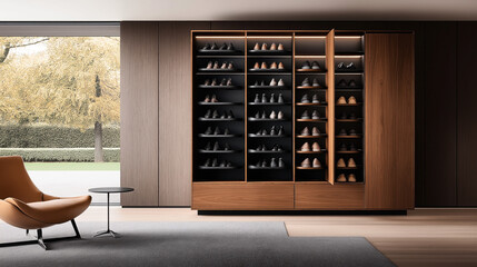 Modern interior with large wooden shoe cabinet and array of shoes, beside lounge chair and small table, overlooking a garden through a large window.