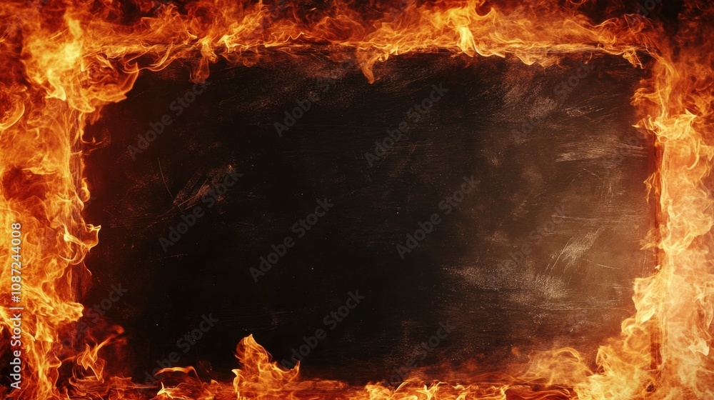 Poster close-up of flames framing a blackboard, creating a striking fiery contrast with space for copy in t