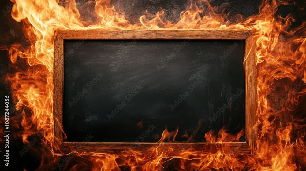 Poster close-up of flames framing a blackboard, creating a striking fiery contrast with space for copy in t