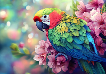 Fototapeta premium A colorful macaw rests on a branch adorned with pink flowers