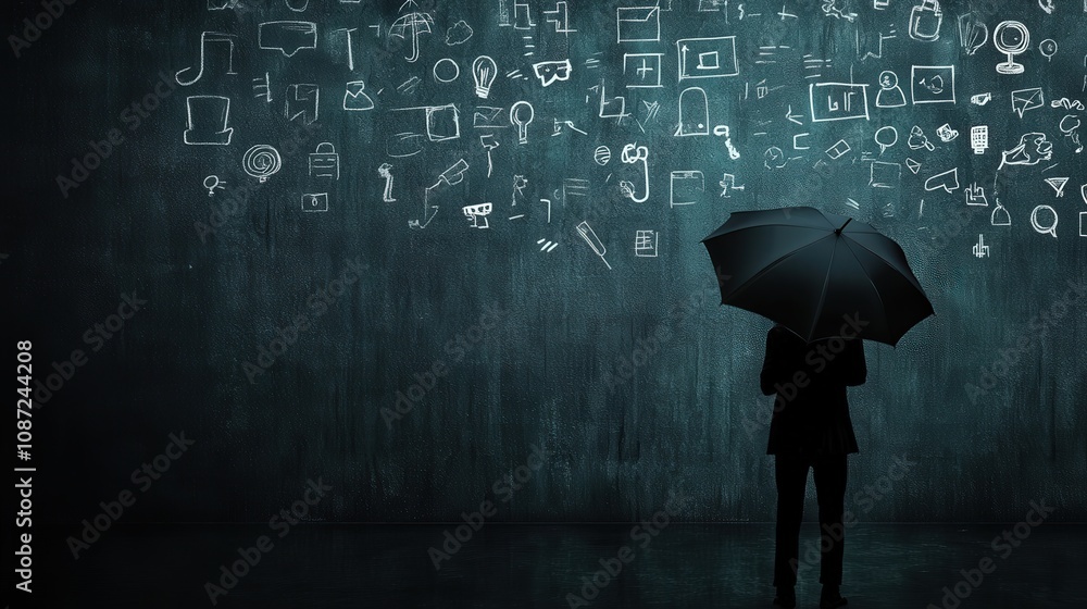 Poster man in suit holding umbrella stands before a wall covered with abstract white icons representing ide