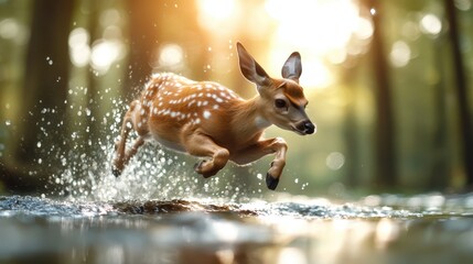 A graceful fawn leaps across a forest stream amid splashes, bathed in the golden morning light, capturing innocence, freedom, and the beauty of nature.