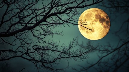 Fototapeta premium The full moon seen through the branches of a barren tree, creating a hauntingly beautiful scene.