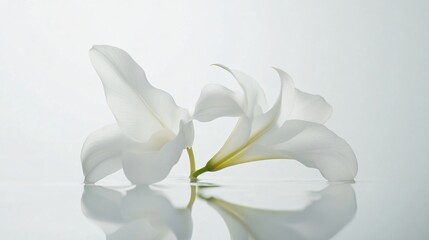 Fototapeta premium Two Elegant White Lilies Touching the Water's Surface: A Serene Floral Display of Purity and Delicate Beauty