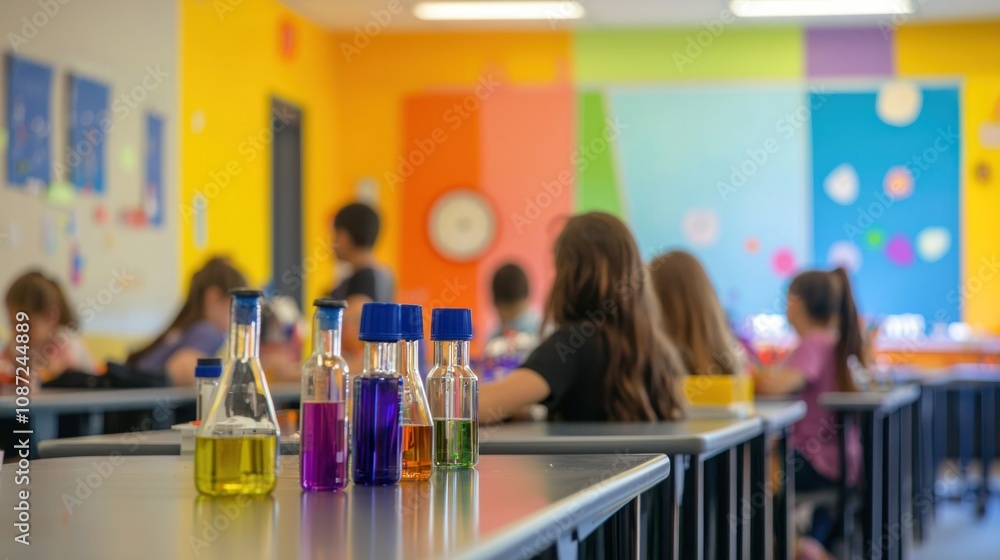 Poster a vibrant classroom scene where students learn about the empirical method, conducting hands-on exper