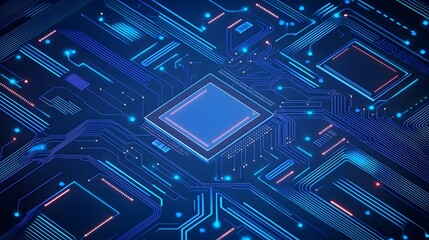 Circuit Board Glow: Abstract close-up of a vibrant, glowing circuit board, showcasing intricate pathways and a central processor. The image evokes a sense of technological innovation and complexity.