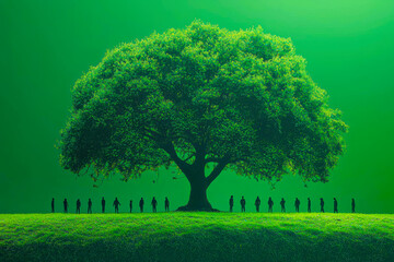 Fototapeta premium Vibrant Green Tree Canopy with Diverse Group of People Enjoying Shade, Isolated on Green Background - Creative Image Concept