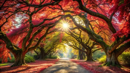 Obraz premium Autumnal Canopy Path Sunlit Road Through Vibrant Red and Gold Leaves