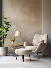 Beige Armchair with Ottoman Side Table  Plant  Modern Living Room Interior