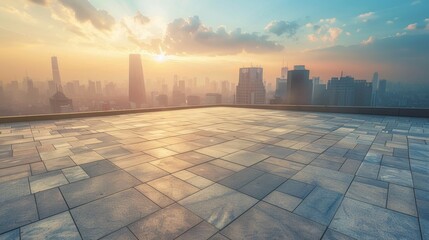 Empty square floor with city skyline background, Modern city square with skyscrapers backdrop, warm lighting