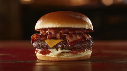 Juicy cheeseburger topped with crispy bacon served on a soft bun in a restaurant setting