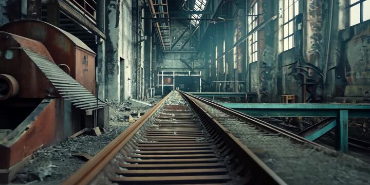 Dusty conveyor belts and rusted assembly lines echo with the silence of a bygone era in the deserted factory, 4K Video
