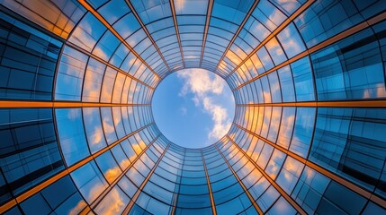 A circular view of a glass building reflecting the sky and clouds above.
