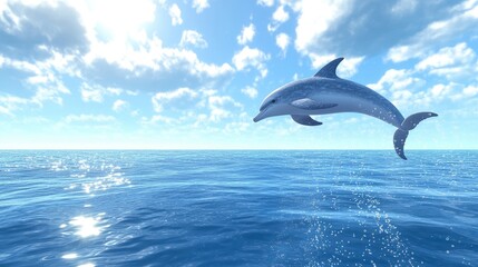 Fototapeta premium Dolphin performing a graceful leap, droplets sparkling mid-air, with a bright horizon and ocean backdrop.