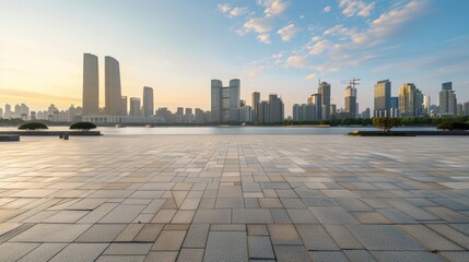 Empty square floor with city skyline background, Cityscape with modern architecture, aerial viewpoint