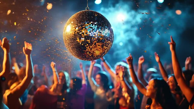 Glittering New Year&acirc;&euro;&trade;s Eve disco ball hanging above a dance floor, with partygoers celebrating under colorful lights and festive decorations. . 4K Video