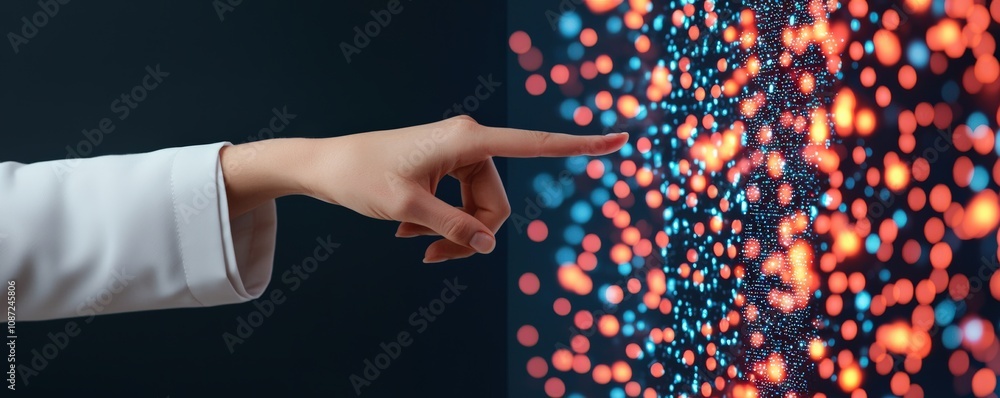 Poster a hand reaching out to colorful, glowing particles, symbolizing interaction with technology or digit