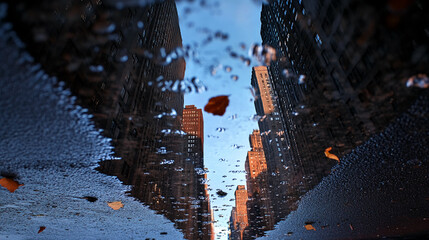 City buildings are upside-down in a puddle of water after a rainfall
