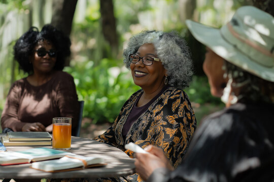 Group of Elderly African American Women Enjoying a Relaxing Outdoor Gathering in Nature.