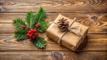 A rustic Christmas gift wrapped in brown paper with twine and adorned with a pine cone, nestled beside a sprig of evergreen with bright red berries, all against a backdrop of weathered wood.