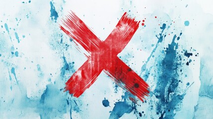 Dynamic red X over a soft gradient of blue and white watercolor splatters, perfect for conveying rejection or decision-making.