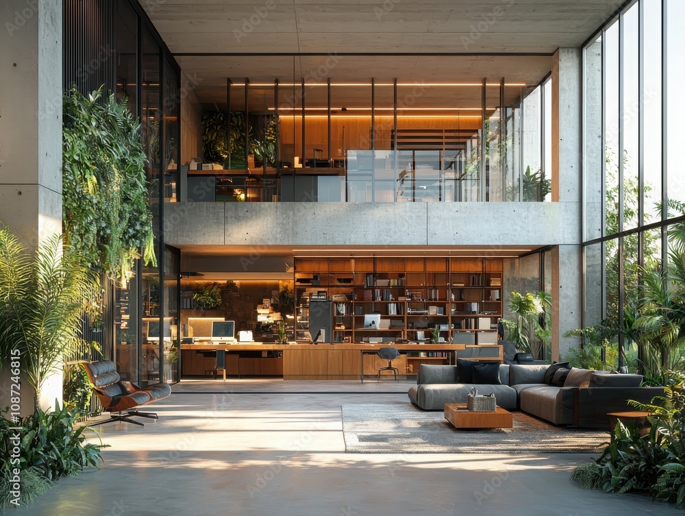 Aufkleber creating a professional workspace with industrial elements and abundant greenery modern office open 