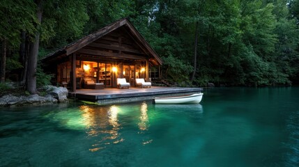 Fototapeta premium A cozy wooden cabin by a tranquil forest lake with glowing interior lights, nestled among lush trees, reflecting peacefully on the water, capturing serenity.