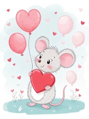 Cute mouse holding a large red heart and heart shaped balloons to celebrate valentine's day