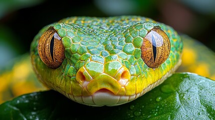 Fototapeta premium Vibrant green snake resting on a leaf in a tropical setting