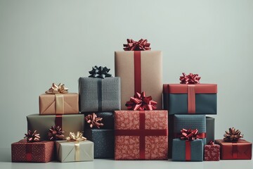 Assorted Christmas gifts elegantly wrapped with colorful patterns and bows, set against a white background, creating a festive and joyful atmosphere.