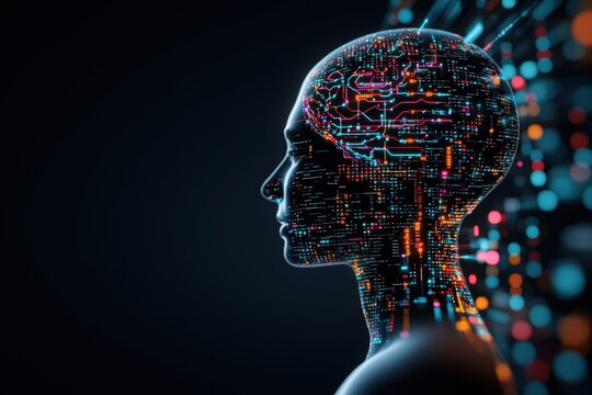 Concept of human bias in artificial intelligence. A digital silhouette of a human head designed with colorful circuits and data streams, representing artificial intelligence and technology