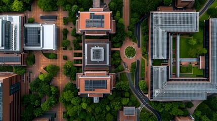 Aerial view of a sprawling cutting edge biotech research and development park featuring futuristic architectural structures with gleaming glass and steel facades