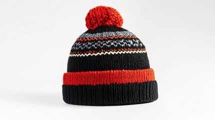 A Warm Embrace: Black and Red Knitted Pom-Pom Winter Hat - Perfect for Cold Weather Adventures