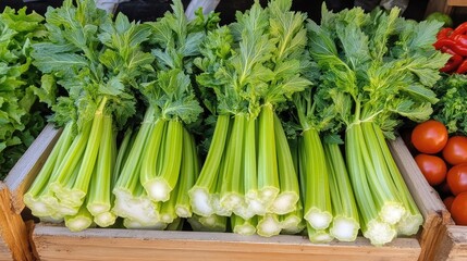 Obraz premium Fresh organic celery, crunchy and nutritious, perfect for snacking or adding to salads.
