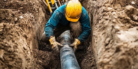 Construction Worker Installing Pipe in Trench