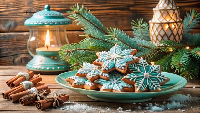 Festive Christmas Cookies Decorated with Icy Blue Glaze and Snowflakes on a Rustic Wooden Table - Powered by Adobe