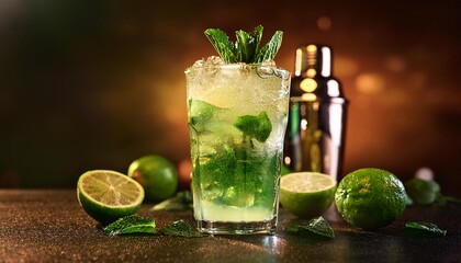 Fototapeta premium A layered mojito cocktail, with mint leaves in the base, followed by a light lime syrup layer, and a top of sparkling soda.