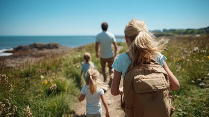 A family enjoys a leisurely stroll along a scenic seaside path, with grassy fields on one side and the ocean on the other, capturing a serene, sunny adventure.