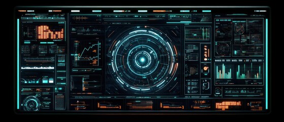 Fototapeta premium Futuristic control interface displaying data analytics and visualizations.