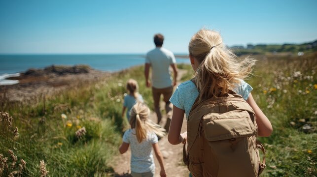 A family enjoys a leisurely stroll along a scenic seaside path, with grassy fields on one side and the ocean on the other, capturing a serene, sunny adventure.
