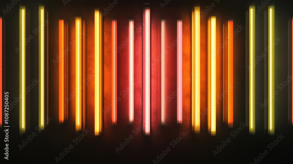 Poster glowing neon light strips in dynamic vertical alignment against a shadowy background, symbolizing mo