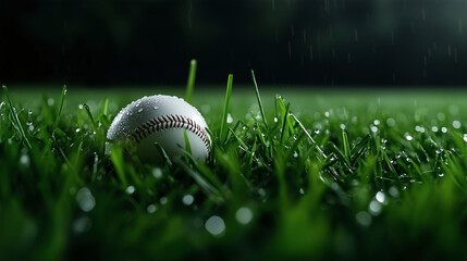 A baseball on the field, with green grass