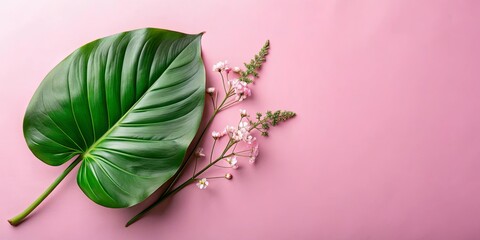 Obraz premium Pink Background with Green Leaf and Delicate Pink Flowers