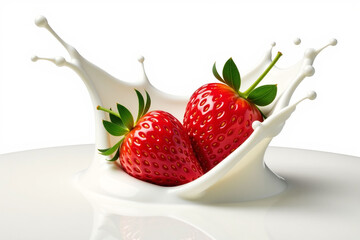Strawberries splashing in milk on a white background.