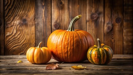 A trio of pumpkins resting against a rustic wooden backdrop, showcasing the vibrant hues of autumn