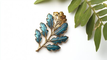 Exquisite teal and gold enamel leaf brooch, inspired by nature's artistry. A touch of vintage elegance for your attire. #leafbrooch #natureinspiredjewelry #vintagefashion