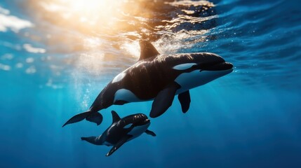 Obraz premium Two graceful orcas swim in the sun-dappled ocean depths, creating a serene and majestic scene in their natural underwater habitat, exuding beauty and tranquility.