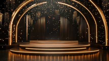 Grand awards stage in black and gold tones, featuring a luminous arc and elegant design for a regal event.