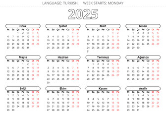 2025 year turkish calendar - takvim. Printable vector illustration Turkey