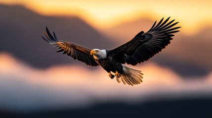Bald eagle soaring with wings extended against a dramatic sunset sky with vivid orange and yellow hues.